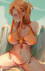 Rule 34 | 1girl, angry, asuna (sao), barefoot, beach, bikini, bikini under clothes, blush, breasts, brown eyes, brown hair, clothes lift, female focus, frown, highres, holding, holding towel, housou-kun, large breasts, long hair, looking at viewer, navel, open towel, self-upload, sitting, solo, spread legs, swimsuit, sword art online, topless, towel, towel lift, very long hair