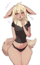 Rule 34 | +++, 1girl, :3, absurdres, animal ears, animal nose, arm behind back, arrow (symbol), black panties, black shirt, blonde hair, blush, body fur, breasts, cowboy shot, creatures (company), ears down, eevee, fang, female focus, fox ears, fox girl, fox tail, furry, furry female, game freak, gen 1 pokemon, hair between eyes, hand up, happy, highres, index finger raised, japanese text, leaning forward, long hair, looking at viewer, navel, neck fur, nintendo, no pants, open mouth, orange fur, panties, personification, pokemon, pokemon (creature), raised eyebrows, red eyes, shirt, short sleeves, sidelocks, simple background, small breasts, smile, solo, standing, stomach, t-shirt, tail, thighs, translation request, tuna (lovemaxultra), two-tone fur, underwear, white background, wide hips, yellow fur