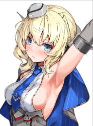 Rule 34 | 1girl, arm up, armpits, bare shoulders, blonde hair, blue eyes, blue necktie, blush, braid, breasts, buttons, capelet, closed mouth, colorado (kancolle), commentary request, frown, garrison cap, grey hat, hat, headgear, highres, kantai collection, large breasts, looking at viewer, mini hat, necktie, shirt, short hair, sideboob, sleeveless, sleeveless shirt, solo, takanashi kei (hitsujikan), upper body, white shirt, wing collar