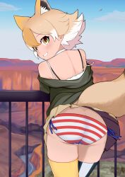 Rule 34 | 1girl, absurdres, animal ears, back, blonde hair, camisole, coyote (kemono friends), extra ears, highres, illu (illu stratos), jacket, kemono friends, kemono friends v project, looking at viewer, looking back, panties, short hair, skirt, solo, tail, thighhighs, underwear, virtual youtuber, wolf ears, wolf girl, wolf tail, yellow eyes