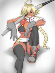 Rule 34 | 1girl, ahoge, assha (schector), bikini, bikini under clothes, black bikini, black thighhighs, blonde hair, boots, braid, braided ponytail, breasts, commentary request, dark-skinned female, dark skin, eyepatch, foot out of frame, gloves, grey background, grey footwear, grey gloves, grin, hair between eyes, highres, holding, holding sword, holding weapon, katana, large breasts, long bangs, long hair, looking at viewer, original, red eyes, sharp teeth, sheath, sheathed, single braid, single sleeve, smile, solo, swimsuit, sword, tan, teeth, thighhighs, very long hair, weapon, zipper