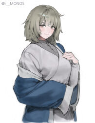 Rule 34 | 1girl, absurdres, blue coat, blunt bangs, breasts, brown eyes, closed mouth, coat, coat partially removed, dungeon meshi, falin touden, grey hair, hand on own chest, highres, i monos, large breasts, light blush, long sleeves, looking at viewer, medium hair, shirt, sleeves past fingers, sleeves past wrists, smile, solo, twitter username, upper body, white background, white shirt