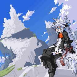 Rule 34 | 1girl, armor, belt, blue eyes, boots, castle, female focus, gauntlets, long hair, lowres, mof, mof&#039;s silver haired twintailed girl, nature, oekaki, original, outdoors, plant, silver hair, sitting, sky, solo, twintails, very long hair