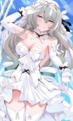 Rule 34 | 1girl, bare shoulders, blush, breasts, cleavage, elbow gloves, firefly (honkai: star rail), gloves, grey hair, hair between eyes, hair ornament, hairband, highres, honkai: star rail, honkai (series), large breasts, long hair, looking at viewer, shiben (ugvu5784), smile, solo, thighhighs, thighs, white gloves, white hairband, white thighhighs