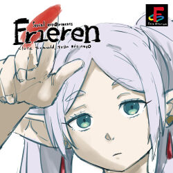 Rule 34 | 1girl, blue eyes, brand name imitation, cover, expressionless, frieren, highres, logo parody, playstation logo, pointing, pointing at viewer, poster parody, serial experiments lain, simple background, sketch, solo, sousou no frieren, tenten (chan4545), video game cover, white background, white hair