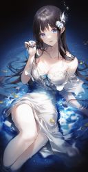 Rule 34 | 1girl, 2sham, absurdres, black hair, blue eyes, blush, bra, breasts, cleavage, collarbone, dress, flower, from above, hair flower, hair ornament, highres, jewelry, lace, lace-trimmed bra, lace trim, long hair, lying, lying on water, nail polish, off shoulder, on back, open mouth, original, partially submerged, petals, petals on liquid, ring, shallow water, solo, underwear, water, wet, white bra, white dress