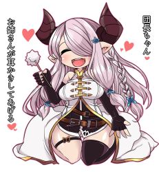 Rule 34 | 10s, 1girl, bare shoulders, black gloves, blush, breasts, demon horns, draph, elbow gloves, closed eyes, female focus, fingerless gloves, gloves, granblue fantasy, hair ornament, hair over one eye, horns, large breasts, light purple hair, long hair, mimikaki, narmaya (granblue fantasy), niwakaame (amayadori), open mouth, pointy ears, simple background, single thighhigh, solo, text focus, thighhighs, thighs, translation request, white background