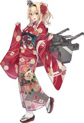Rule 34 | 1girl, blonde hair, blue eyes, braid, corset, crane (machine), floral print, flower, full body, half up braid, japanese clothes, kantai collection, kimono, konishi (koconatu), long hair, machinery, official art, ponytail, red flower, red rose, rose, sandals, solo, standing, transparent background, warspite (kancolle)