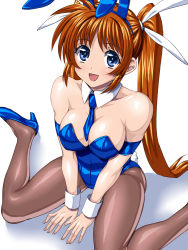 Rule 34 | 00s, 1girl, :d, animal ears, bare shoulders, between breasts, blue eyes, blue necktie, breasts, brown hair, cleavage, cuffs, detached collar, fake animal ears, from above, hair ribbon, high heels, leotard, long hair, looking at viewer, lyrical nanoha, mahou shoujo lyrical nanoha strikers, necktie, open mouth, pantyhose, playboy bunny, rabbit ears, ribbon, sen (sansui), short necktie, side ponytail, sitting, smile, solo, takamachi nanoha, twintails, white background