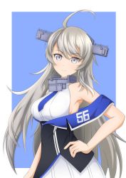 Rule 34 | 1girl, ahoge, bare shoulders, bell shireikan, black jacket, blue background, blue necktie, blush, closed mouth, commentary, cowboy shot, grey eyes, hand on own hip, headgear, highres, jacket, kantai collection, long hair, looking back, military, military uniform, multicolored background, necktie, off shoulder, pleated skirt, shirt, silver hair, skirt, sleeveless, sleeveless shirt, smile, solo, uniform, washington (kancolle), white background, white shirt, white skirt