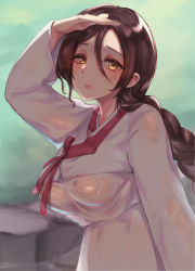 Rule 34 | 1girl, black hair, blurry, blush, braid, braided ponytail, breasts, chamame, covered erect nipples, depth of field, dress, hair between eyes, half-closed eyes, hanbok, hand up, highres, jeogori (clothes), keumran (last origin), korean clothes, last origin, long sleeves, looking at viewer, medium breasts, see-through, see-through dress, shaded face, skin tight, solo, stone, sweatdrop, upper body, wet, wet clothes