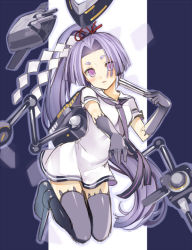 Rule 34 | 10s, 1girl, dress, elbow gloves, eyebrows, folded fan, folding fan, full body, gloves, hair ribbon, hand fan, hatsuharu (kancolle), kantai collection, long hair, looking at viewer, personification, ponytail, purple eyes, purple gloves, purple hair, purple thighhighs, ribbon, sailor dress, solo, thighhighs, very long hair, yuuki rika
