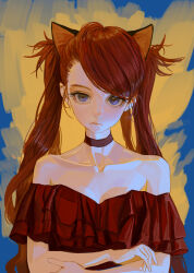 Rule 34 | 1girl, absurdres, animal ears, blue eyes, brown hair, cat ears, closed mouth, collarbone, crossed arms, expressionless, feifei (fkey), fkey, gradient background, highres, long hair, looking at viewer, original, red hair, simple background, solo, swept bangs, twintails, upper body