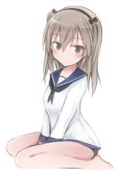Rule 34 | 1girl, barefoot, black neckerchief, blue sailor collar, blush, commentary request, cosplay, expressionless, girls und panzer, grey eyes, grey hair, hairband, long hair, looking at viewer, miyafuji yoshika, miyafuji yoshika (cosplay), nannacy7, neckerchief, one side up, sailor collar, shimada arisu, simple background, sitting, solo, strike witches, wariza, white background, world witches series