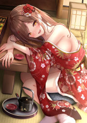 Rule 34 | 1girl, :d, breasts, brown hair, fang, floral print, flower, hair flower, hair ornament, half-closed eyes, highres, indoors, japanese clothes, kimono, leaning forward, long hair, long sleeves, medium breasts, monaka curl, naked kimono, open mouth, original, print kimono, red flower, red kimono, sideboob, smile, socks, solo, white socks, wide sleeves, yellow eyes
