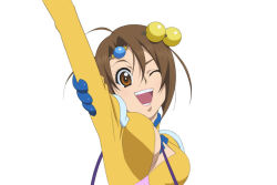 Rule 34 | 1girl, ;d, arm up, brown eyes, brown hair, circlet, cleavage cutout, clothing cutout, hair bobbles, hair ornament, hairpin, heart, norma beatty, official art, one eye closed, open mouth, short hair, smile, solo, tales of (series), tales of legendia, white background, wink