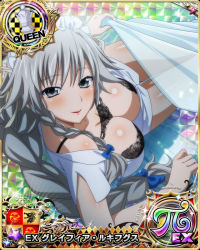 Rule 34 | 1girl, black bra, blue bow, bow, bra, braid, breasts, card (medium), chess piece, cleavage, female focus, grayfia lucifuge, grey eyes, grey hair, hair bow, high school dxd, large breasts, long hair, looking at viewer, maid headdress, matching hair/eyes, mature female, official art, queen (chess), red lips, smile, solo, twin braids, underwear