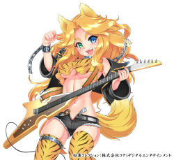 Rule 34 | 1girl, animal ears, animal print, bare shoulders, belt, blonde hair, blue eyes, bracelet, breasts, chain, collar, crop top, crop top overhang, cutoffs, electric guitar, eyebrows, fang, gochou (kedama), green eyes, guitar, heterochromia, highres, hisho collection, instrument, jacket, jewelry, long hair, looking at viewer, midriff, navel, official art, open belt, open clothes, open fly, open jacket, open mouth, open shorts, shiny skin, short shorts, shorts, skindentation, smile, solo, spiked bracelet, spiked collar, spikes, tail, thigh strap, thighhighs, tiger print, unbuckled, unbuttoned, underboob, unfastened, unzipped, wolf ears, wolf tail, zipper
