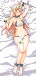 Rule 34 | 1girl, absurdres, arm up, barefoot, bdsm, bed, bed sheet, bikini, blonde hair, blush, bondage, bound, breasts, chain, chained, collar, gem, glitchynpc, hair ornament, hand gesture, headpiece, highres, jewelry, large breasts, long hair, lying, mythra (xenoblade), navel, nintendo, pillow, shy, slave, solo, swimsuit, thigh strap, tiara, tsundere, very long hair, xenoblade chronicles (series), xenoblade chronicles 2, yellow eyes