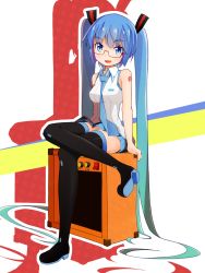 Rule 34 | 1girl, amplifier, arm support, bare arms, bare shoulders, bespectacled, black skirt, black thighhighs, blue eyes, blue hair, blue necktie, blush, collared shirt, commentary request, crossed legs, dress shirt, full body, glasses, hatsune miku, long hair, looking at viewer, mamagogo (gomaep), necktie, no detached sleeves, number tattoo, open mouth, pleated skirt, red-framed eyewear, semi-rimless eyewear, shirt, shoulder tattoo, sitting, skirt, sleeveless, sleeveless shirt, smile, solo, tagme, tattoo, thighhighs, twintails, under-rim eyewear, very long hair, vocaloid, white background, white shirt, zettai ryouiki