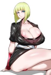 Rule 34 | 1girl, absurdres, blonde hair, blue eyes, bob cut, breasts, cleavage, eyes visible through hair, fishnets, gggg, highres, huge breasts, naruto (series), naruto shippuuden, samui (naruto), shiny skin, simple background, solo, white background