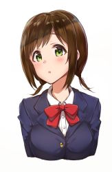 Rule 34 | 10s, 1girl, :o, blazer, blush, bow, bowtie, brown hair, commentary request, green eyes, highres, idolmaster, idolmaster cinderella girls, jacket, looking at viewer, low twintails, maekawa miku, red bow, red bowtie, school uniform, shirt, short hair, simple background, solo, takeashiro, twintails, upper body, white background, white shirt