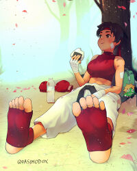 Rule 34 | 1girl, abs, absurdres, bandage on face, bandages, blanka-chan, bottle, boxing gloves, character doll, cherry blossoms, crop top, dougi, eating, food, gloves, unworn gloves, hand wraps, headband, highres, kasugano sakura, looking to the side, onigiri, quasimodox, red headband, sitting, sleeveless, solo, street fighter, toeless footwear, toes, toned, tree, water bottle