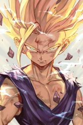 Rule 34 | 1boy, antenna hair, arms at sides, aura, blonde hair, close-up, dirty, dougi, dragon ball, dragonball z, floating, floating rock, frown, green eyes, grey background, hungry clicker, looking at viewer, male focus, rock, serious, short hair, simple background, solo, son gohan, spiked hair, standing, super saiyan, super saiyan 2, torn clothes, upper body