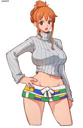 Rule 34 | 1girl, alternate costume, alternate hairstyle, aosora2823, artist name, brown eyes, commentary request, grey sweater, hand on own hip, highres, long sleeves, looking at viewer, midriff, nami (one piece), navel, one piece, open mouth, orange hair, ribbed sweater, short shorts, shorts, simple background, solo, sweater, thighs, turtleneck, turtleneck sweater, white background