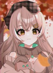 Rule 34 | 1girl, alternate costume, autumn, autumn leaves, beret, brooch, brown eyes, brown hair, cleavage cutout, clothing cutout, detached sleeves, friend (nanashi mumei), hair ornament, hairclip, halterneck, hana20000920, hat, highres, hololive, hololive english, jewelry, long hair, looking at viewer, multicolored hair, nanashi mumei, plaid, smile, streaked hair, very long hair, virtual youtuber
