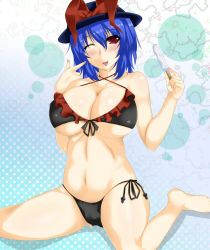Rule 34 | 1girl, ;p, barefoot, bikini, black bikini, blue hair, blush, breasts, brown hair, circussion, female focus, food, frills, gradient background, hat, large breasts, nagae iku, one eye closed, popsicle, red eyes, solo, swimsuit, tongue, tongue out, touhou, wink