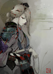 Rule 34 | 10s, 1girl, armor, closed mouth, commentary request, fox mask, grey background, highres, hiranko, holding, ima-no-tsurugi, japanese armor, jewelry, kusazuri, long hair, long sleeves, looking at viewer, male focus, mask, mask on head, necklace, red eyes, sash, signature, solo, standing, touken ranbu, wide sleeves