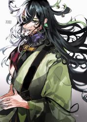Rule 34 | 1boy, ashiya douman (fate), asymmetrical clothes, asymmetrical hair, bell, black eyes, black hair, curly hair, earrings, fate/grand order, fate (series), fingernails, green kimono, hair bell, hair between eyes, hair intakes, hair ornament, heterochromia, japanese clothes, jewelry, kimono, kyouka (exclamationmark), long hair, looking at viewer, magatama, magatama earrings, male focus, mismatched sclera, multicolored hair, onmyouji, open clothes, open kimono, own hands together, red eyes, sharp fingernails, shikigami, solo, toned, toned male, two-tone hair, upper body, very long fingernails, very long hair, white hair