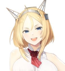 Rule 34 | alternate hair length, alternate hairstyle, blonde hair, blue eyes, breasts, commentary request, flower, forehead, headgear, kantai collection, large breasts, meth (emethmeth), neckwear request, nelson (kancolle), open mouth, short hair, short hair with long locks, simple background, sleeveless, smile, white background