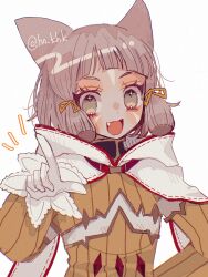 Rule 34 | 1girl, :d, animal ears, blush, brown eyes, brown jumpsuit, facial mark, fang, gloves, grey hair, han (hn-khk), highres, jumpsuit, long sleeves, looking at viewer, nia (xenoblade), notice lines, open mouth, pointing, pointing at viewer, puffy long sleeves, puffy sleeves, simple background, smile, solo, thick eyebrows, twitter username, upper body, white background, white gloves, xenoblade chronicles (series), xenoblade chronicles 2