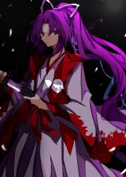 Rule 34 | commentary request, dress, highres, holding, holding sword, holding weapon, japanese clothes, kataginu, long hair, long sleeves, looking at viewer, meira (touhou), one-hour drawing challenge, purple eyes, purple hair, souko illust, sword, touhou, touhou (pc-98), weapon, white dress, wide sleeves