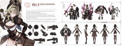 Rule 34 | 1girl, a-pose, absurdres, bad source, breasts, brown gloves, cannon, character name, character request, cleavage, concept art, crossed bangs, english text, gloves, hair between eyes, hat, highres, holding, holding weapon, honkai (series), honkai impact 3rd, jacket, large breasts, long sleeves, official art, shorts, smile, top hat, translated, vill-v, weapon