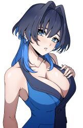 Rule 34 | 1girl, absurdres, adapted costume, blue eyes, blue hair, breasts, cleavage, colored inner hair, daydarion, hair between eyes, hair intakes, head tilt, highres, hololive, hololive english, looking at viewer, multicolored hair, official alternate costume, ouro kronii, ouro kronii (4th costume), parted lips, solo, upper body, virtual youtuber