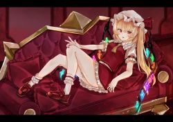 Rule 34 | 1girl, ascot, blonde hair, breasts, couch, crystal, flandre scarlet, frilled shirt, frilled skirt, frilled sleeves, frills, full body, hat, hat ribbon, highres, indoors, long hair, looking at viewer, mob cap, one side up, red eyes, red skirt, ribbon, sarasadou dan, shirt, skirt, solo, touhou, white hat, wings, yellow ascot