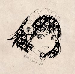 Rule 34 | 1girl, black hair, flower, frills, from side, greyscale, looking at viewer, maeya susumu, maid headdress, medium hair, monochrome, open mouth, original, patterned hair, portrait, smile, solo, traditional media