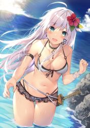 Rule 34 | 1girl, :d, ahoge, anceril sacred, arm strap, bare shoulders, beach, bikini, blush, breasts, choker, commentary request, day, floating hair, flower, green eyes, grey bikini, groin, hair flower, hair ornament, hair ribbon, long hair, looking at viewer, medium breasts, mishima kurone, navel, o-ring, open mouth, outdoors, reaching, reaching towards viewer, ribbon, shirokami project, sidelocks, silver hair, smile, solo, stomach, sunlight, swimsuit, sword, tress ribbon, very long hair, wading, weapon, wet, wrist wrap