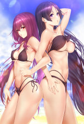 Rule 34 | 2girls, ass-to-ass, bikini, black bikini, blush, breasts, day, fate/grand order, fate (series), hair between eyes, large breasts, long hair, looking at viewer, low-tied long hair, minamoto no raikou (fate), multi-strapped bikini, multiple girls, parted bangs, purple eyes, purple hair, red eyes, scathach (fate), side-tie bikini bottom, swimsuit, thighs, very long hair, zucchini
