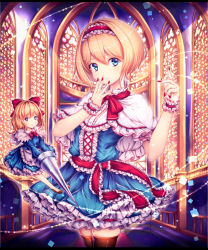 Rule 34 | 1girl, alice margatroid, bad id, bad pixiv id, blonde hair, blue dress, blue eyes, brown thighhighs, capelet, chiyu (kumataro0x0), church, commentary request, dress, flying, frilled skirt, frills, frown, hair ribbon, hairband, hand on own face, high heels, highres, indoors, lance, light particles, lolita hairband, looking at viewer, nail polish, polearm, puppet strings, red nails, red ribbon, ribbon, sash, shanghai doll, short hair, short sleeves, skirt, solo, stained glass, thighhighs, touhou, weapon, window, wrist cuffs