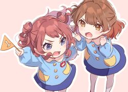 Rule 34 | 2girls, aged down, blue eyes, brown eyes, brown hair, commentary request, dot nose, gakuen idolmaster, hanami saki, hanami ume, hechima (issindotai), highres, idolmaster, kindergarten uniform, multiple girls, open mouth, outline, pink background, siblings, simple background, sisters, v-shaped eyebrows, white outline