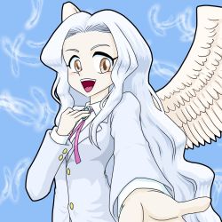 Rule 34 | 1girl, :d, angel, angel wings, blazer, blue background, blush, breasts, brooch, brown eyes, bush, buttons, dodo (yad-ddi), feathered wings, feathers, foreshortening, hand on own chest, happy, highres, jacket, jewelry, jitsu wa watashi wa, long hair, looking at viewer, neck ribbon, open mouth, outline, outstretched arm, ribbon, school uniform, shirogane karen (jitsu wa), shirt, sidelocks, small breasts, smile, solo, upper body, very long hair, wavy hair, white hair, wings