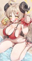 Rule 34 | + +, 1girl, absurdres, ahoge, bare legs, bikini, blue archive, blush, breasts, brown hair, burger, bursting breasts, cleavage, curled horns, food, food on face, hair ornament, hairclip, halo, highres, holding, holding food, horns, izumi (blue archive), izumi (swimsuit) (blue archive), keureu (tiqkdtiqkd10), large breasts, long hair, looking at viewer, mole, mole on thigh, notice lines, o-ring, o-ring bikini, open mouth, plump, red bikini, sandals, scrunchie, side-tie bikini bottom, sideboob, sitting, solo, swimsuit, tongue, tongue out, very long hair, wariza, wrist scrunchie, yellow eyes