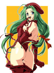 Rule 34 | 1girl, ass, beret, blue eyes, from behind, green hair, hand to own mouth, hat, long hair, looking back, open mouth, original, sameda koban, solo, thighhighs