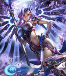 Rule 34 | 1girl, alternate hair color, armor, atlantic mercy, backlighting, blue eyes, boobplate, breastplate, breasts, cherry blossoms, clothing cutout, cowboy shot, crescent moon, earrings, glowing, hand on own hip, highres, jewelry, large breasts, leotard, liang xing, light purple hair, mechanical wings, mercy (overwatch), moon, official alternate costume, overwatch, overwatch 1, pelvic curtain, side cutout, solo, staff, tagme, wings