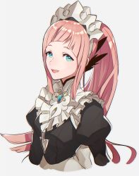 Rule 34 | 1girl, :d, bad id, bad pixiv id, black shirt, blue eyes, cropped torso, felicia (fire emblem), fire emblem, fire emblem fates, floating hair, grey background, highres, long hair, long sleeves, looking at viewer, maid, nintendo, open mouth, pink hair, shirt, simple background, smile, solo, very long hair, wakahiko