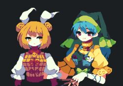 Rule 34 | 2girls, 4qw5, apron, armor, armored dress, black background, blonde hair, blue hair, blue wristband, blunt bangs, blush, bow, breast pocket, breasts, bright pupils, double bun, dress, flower, frilled dress, frilled headwear, frilled sleeves, frills, green apron, green headwear, green ribbon, hair bun, hair ribbon, haniwa (statue), haniyasushin keiki, hat, holding, holding brush, jewelry, joutouguu mayumi, long hair, looking at another, looking at viewer, magatama, magatama necklace, medium breasts, medium hair, multiple girls, necklace, pixel art, pocket, puffy short sleeves, puffy sleeves, purple eyes, ribbon, shirt, short sleeves, simple background, smile, teeth, touhou, turtleneck, white flower, white pupils, white ribbon, white shirt, wristband, yellow dress, yellow eyes